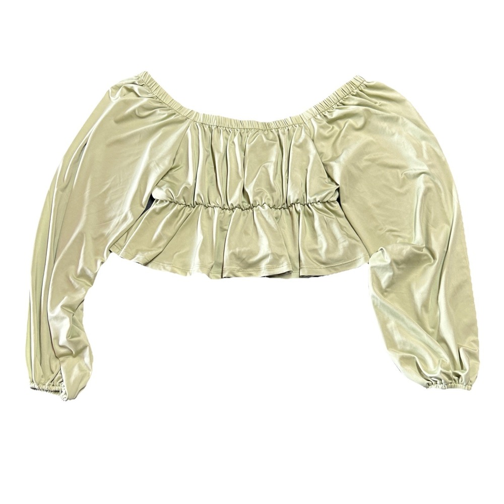 Green Balloon Sleeve Crop Top Sweetheart Neckline Babydoll Peplum Blouse S - Picture 2 of 8